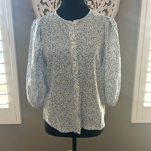 H&M Top Linen Button Down Shirt Blue Floral Blouse Spring Casual Everyday SZS - Picture 1 of 13